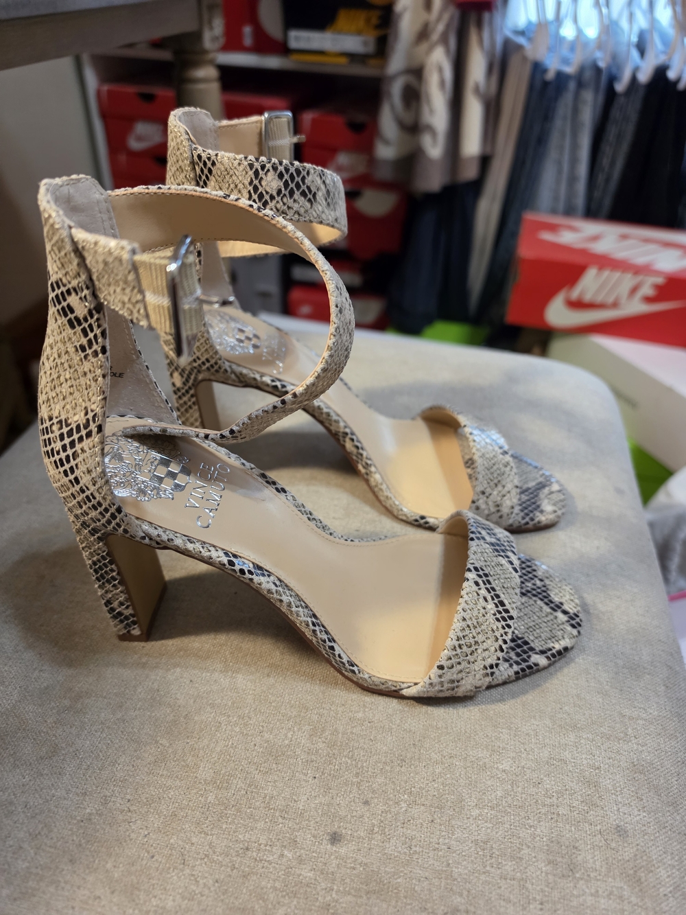Vince Camuto Snake-Print Ankle-Strap Block Heel Sandals in Neutral Tones